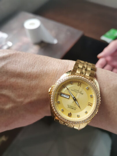 朗积（RONGISS） 黄金色手表商务情侣金表男士防水自动机械表瑞士女士纯金色腕表 单钻间黑机械表-男款 晒单图