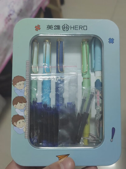 英雄（HERO）钢笔学生三年级EF尖卡通正姿铱金钢笔+可消字笔+可擦蓝色墨囊套装 男款 10支装（颜色随机） 晒单图