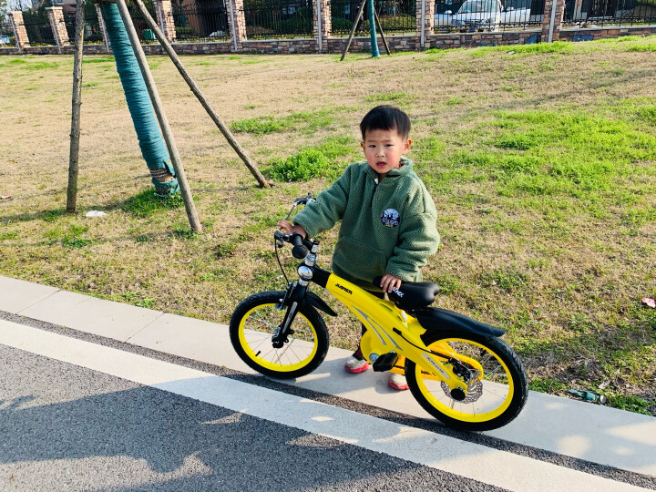健儿（jianer）可伸缩儿童自行车4--6-8岁男女小孩单车脚踏车镁合金公主山地单车 折叠车把-极地黄(双碟刹) 14寸（适合95-120cm） 晒单图
