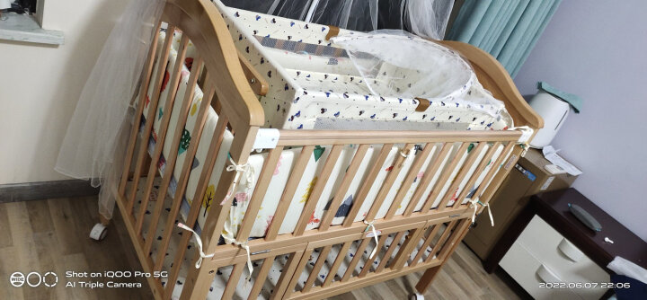 Saoors婴儿床实木宝宝床多功能榉木床可移动新生儿童 床+椰棕床垫+床品9件套 晒单图