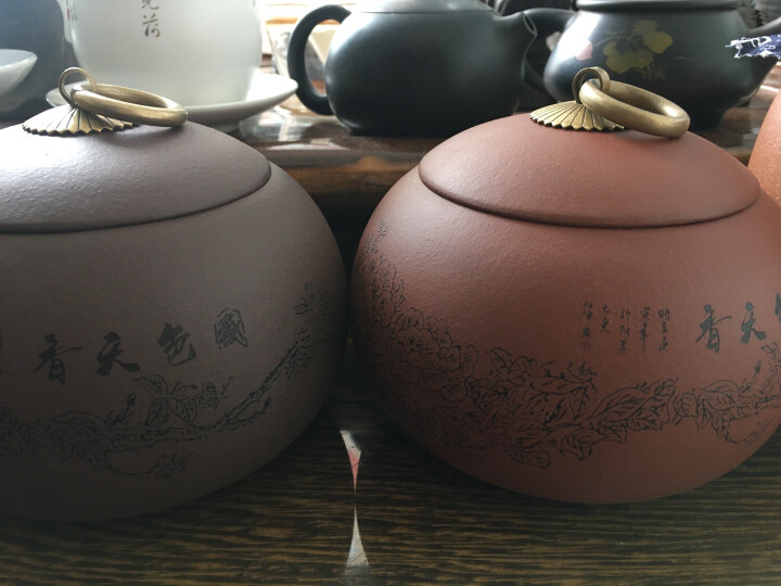 宏中（hongzhong） 宜兴紫砂茶叶罐 普洱红茶存茶罐小号 醒茶罐 密封罐220克装 国色天香三色一套 晒单图