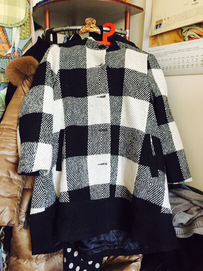 新品欧美大码宽松女装毛呢外套连帽格子羊毛呢