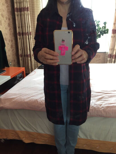 阔色格子衬衫女中长款长袖修身韩版蓝红格纹衬