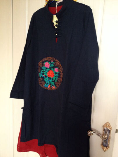 扣假两件双层中长裙棉麻连衣裙袍子 深蓝色 均