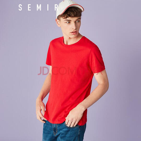 森马(Semir) 短袖T恤男 2018春季新款男士圆领衣服打底衫上衣纯棉白体恤 19018001233 中国红 XL 晒单图