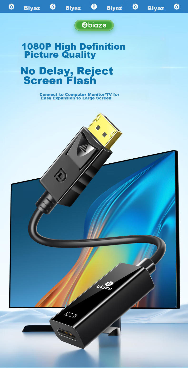 Кабель-адаптер BIAZE DisplayPort (DP) на HDMI, 1080P HD, мужской на женский, для подключения ноутбуков и настольных компьютеров к мониторам и проекторам