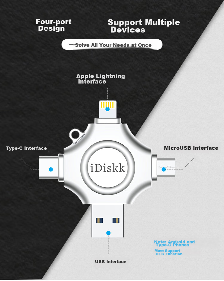 Флеш-накопитель iDiskk U018 512 ГБ, MFi Certified, USB 3.0, Lightning, Type-C, металлический корпус, серебристый