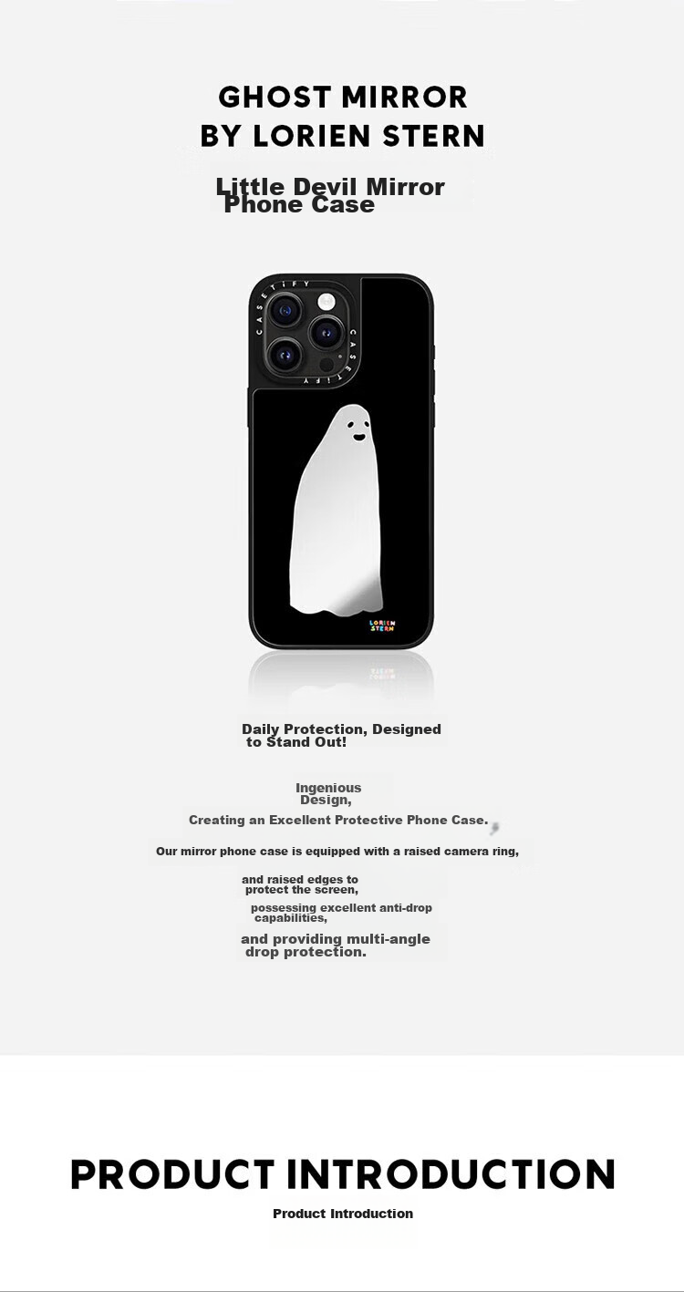 Чехол для телефона CASETIFY Little Ghost Mirror, противоударный, MagSafe, для iPhone 15 Pro Max, серебристое зеркало, черная рамка