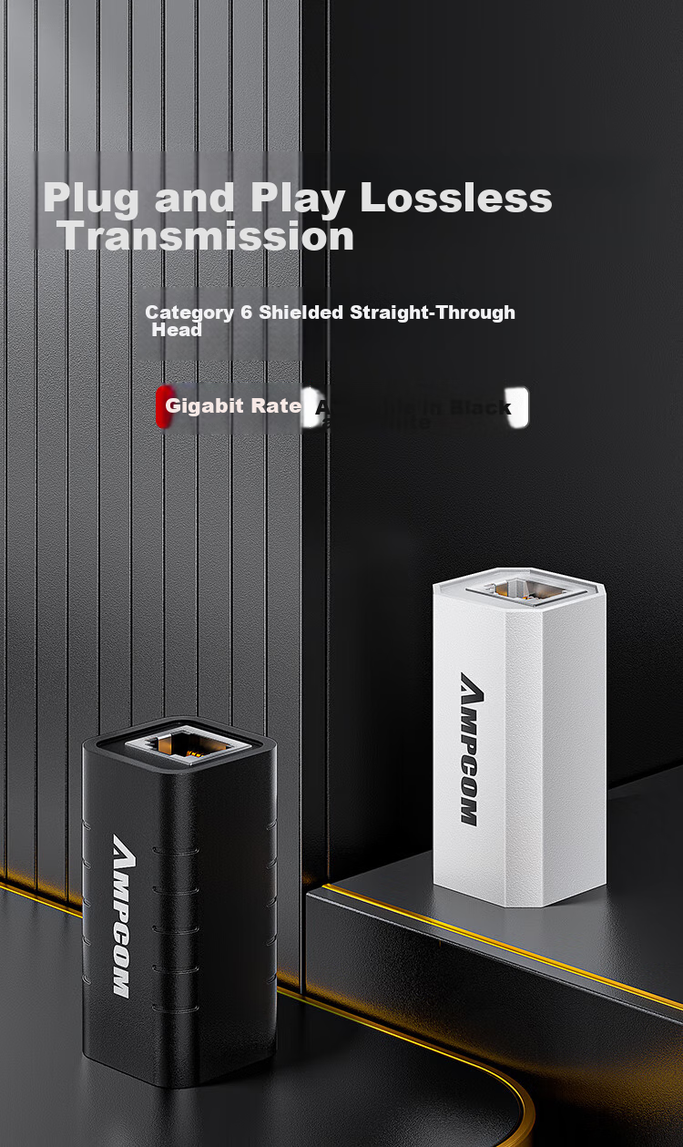 AMPCOM CAT6 Gigabit Crystal Head Network Cable Straight-Through Connector, CAT6 Shielded Double-Pass Network Extension Connector RJ45 Computer Network Port Adapter Black 1 Piece AMCAT6BK102