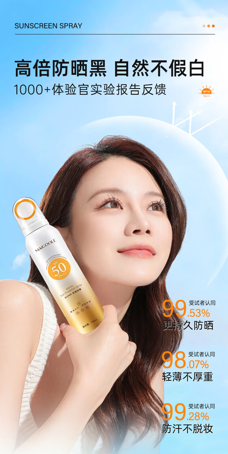 BAINHR小光圈防晒喷雾紫外线嫩白防水防汗SPF50全身男女通用军训必备