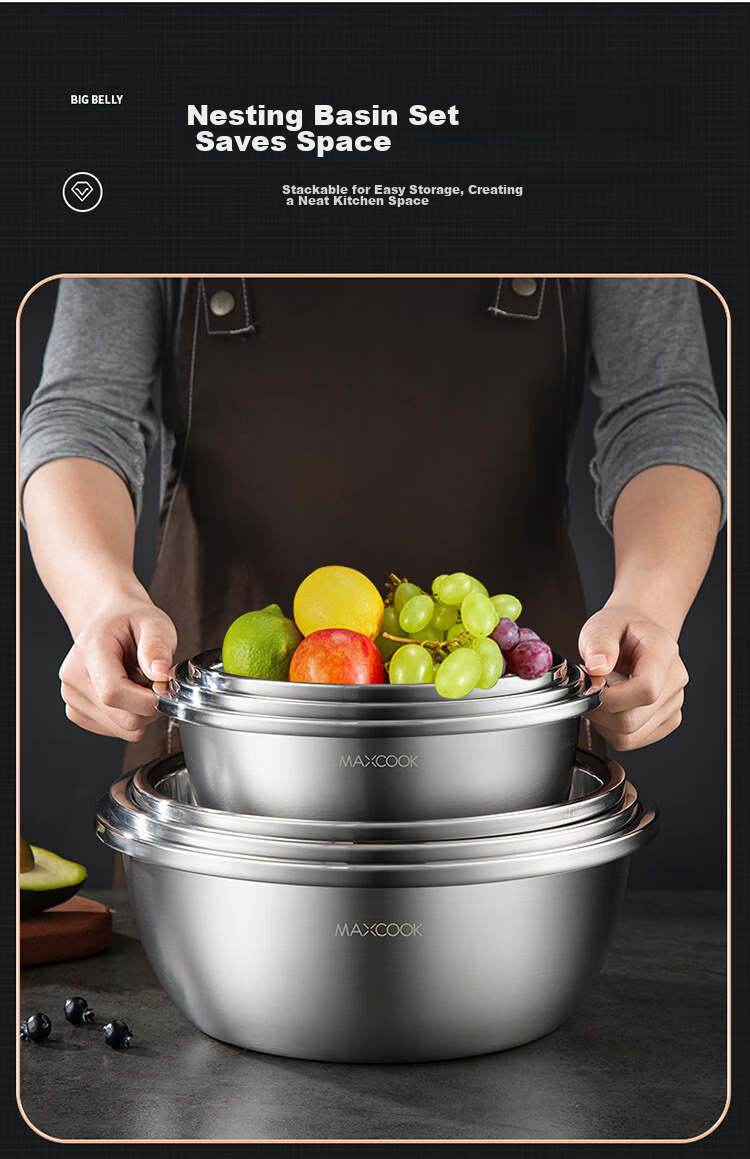 Миска для смешивания MAXCOOK из нержавеющей стали 316L, утолщенная, 18 см, для овощей, салата и теста, MCWA1809