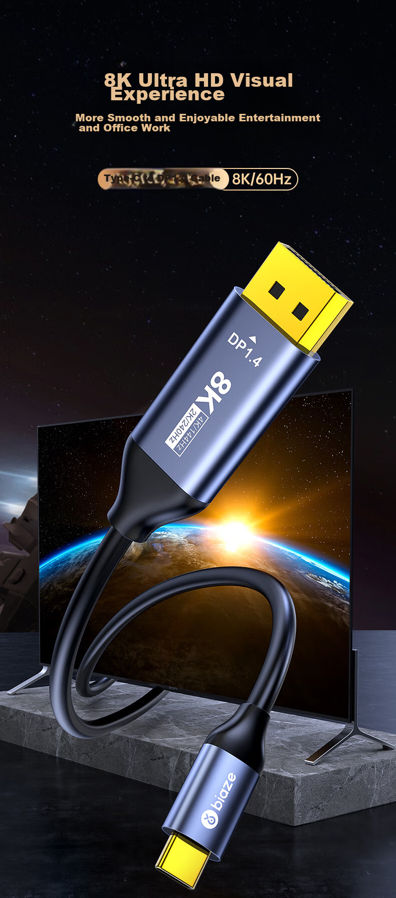 Адаптер BIAZE Type-C to DP 1.4, 8K60Hz/4K240Hz, кабель-конвертер для зеркалирования экрана, Thunderbolt 4 для ноутбуков Apple и Huawei, расширение монитора, 2 метра