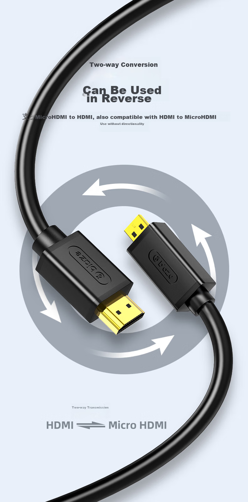 Адаптер BIAZE Micro HDMI на HDMI, версия 2.0, кабель 1.5 метра, поддержка 4K 60Hz для ноутбуков, планшетов, камер, телевизоров и проекторов