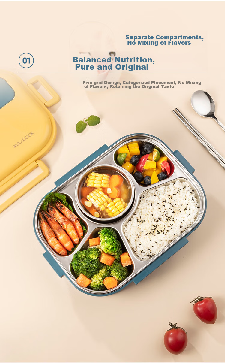 Ланч-бокс MAXCOOK 316L из нержавеющей стали, 5 отделений, с вилкой и ложкой, 1.6 л, синий