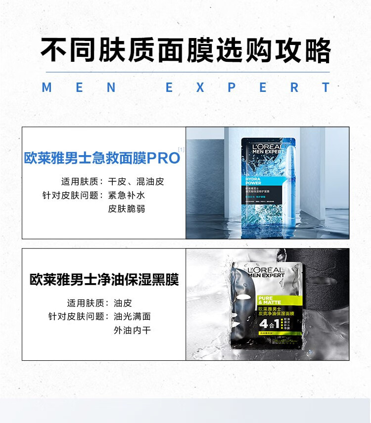 欧莱雅男士面膜 炭爽控油 补水保湿修护收缩毛孔淡化痘印 送男友送老公 玻尿酸保湿修护 10片