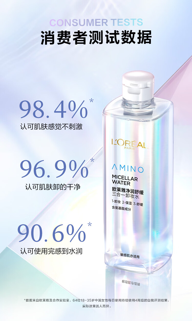 欧莱雅净润舒缓三合一卸妆水400ml 面部卸妆温和敏感肌适用女神节礼物女