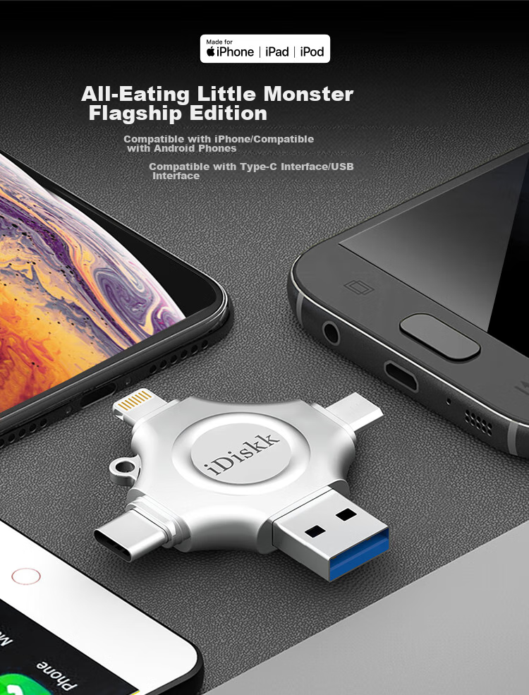 Флеш-накопитель iDiskk U018 512 ГБ, MFi Certified, USB 3.0, Lightning, Type-C, металлический корпус, серебристый