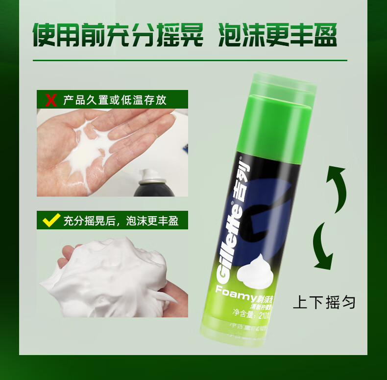 吉列（Gillette）男士剃须泡沫手动刮骨膏柠檬清香啫喱洁面乳 （2支）柠檬大须泡*2共420g