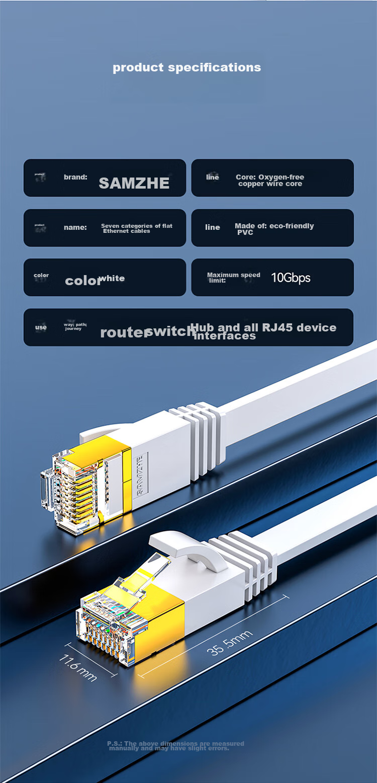 Сетевой кабель SAMZHE CAT7 Flat Pure Copper Shielded Ethernet Cable, 10 Gigabit Computer Broadband Home Patch Cord, Flat Cable, White 3 Meters CAT-703A