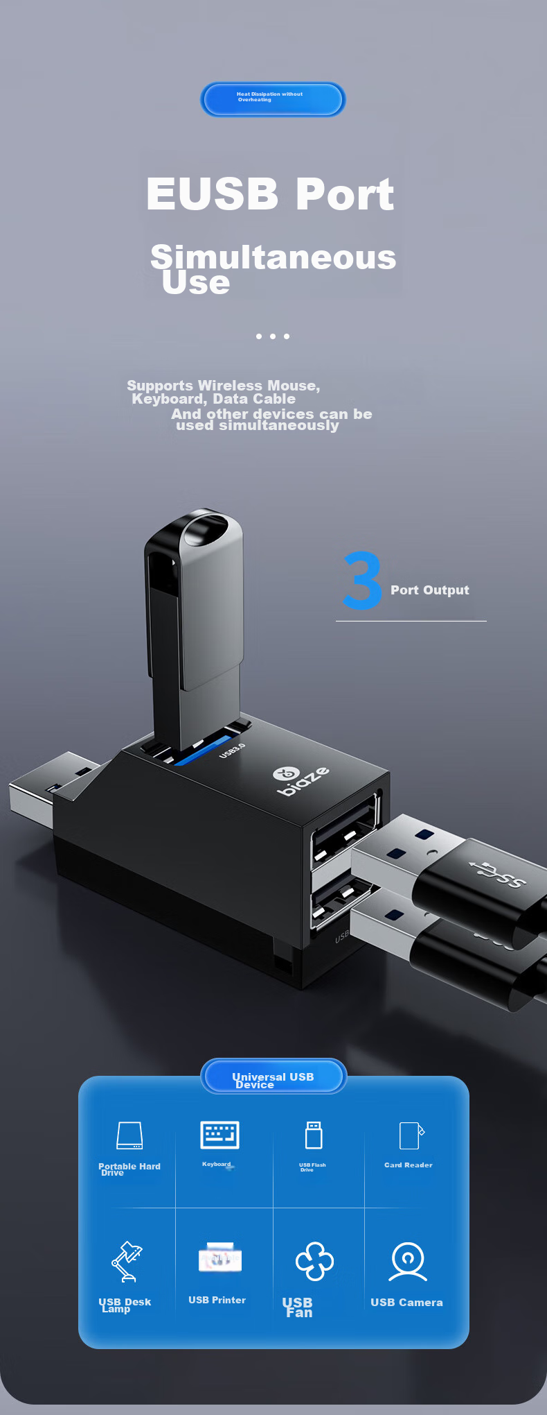 BIAZE USB 3.0 концентратор, многопортовый концентратор, кабель-удлинитель данных USB три в одном для ноутбука, адаптер расширения, расширитель внешнего диска