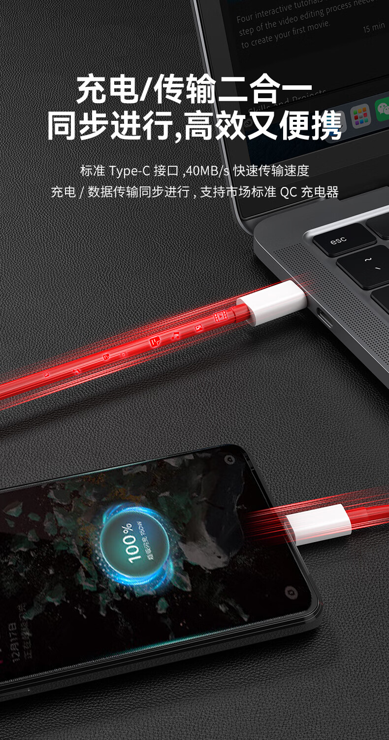Кабель CangHua Type-C to Type-C, Warp Fast Charging 100W/150W/12A, для OnePlus Ace Pro 15/10/9/8, 1.5 метра, красный