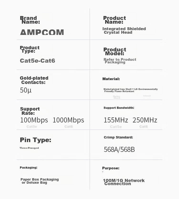 Сетевой коннектор AMPCOM категории 6, экранированный FTP, Gigabit Ethernet, RJ45, 8P8C, чистая медь, позолоченный, 100 шт.