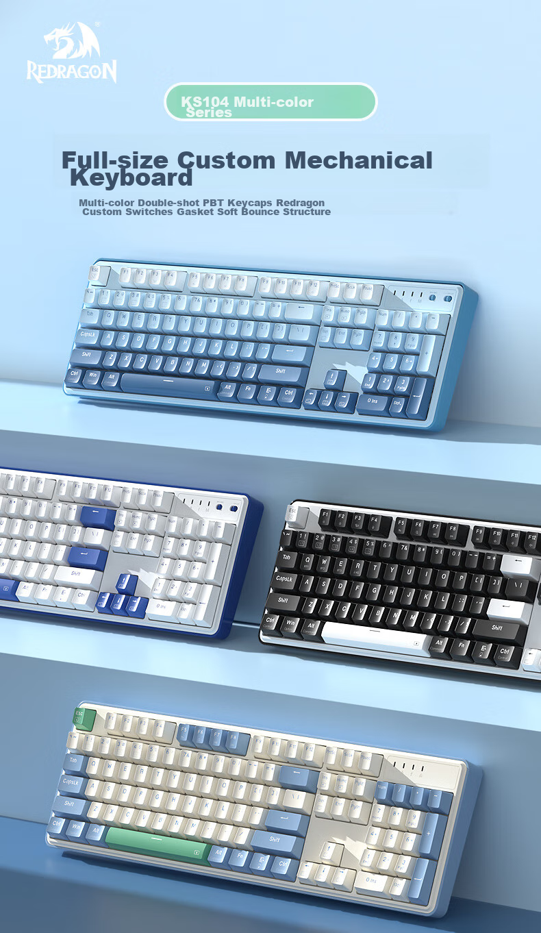 Механическая беспроводная клавиатура REDRAGON KS104, 104 клавиши, Bluetooth, RGB подсветка, красные переключатели, белый с синим