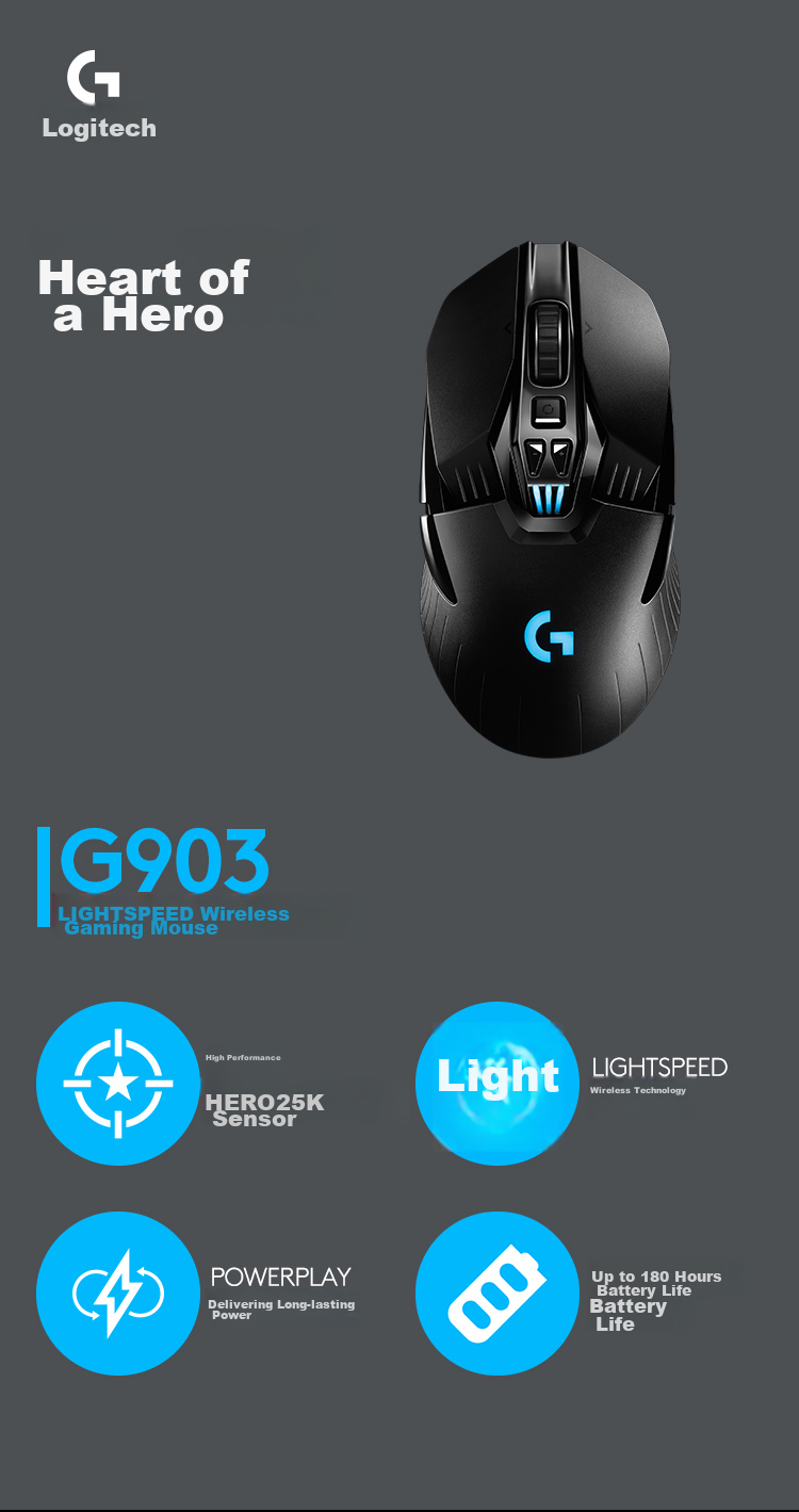 Игровая беспроводная мышь G G903 LIGHTSPEED, обновленная версия, RGB, сенсор HERO, для PUBG, LOL, для левой и правой руки