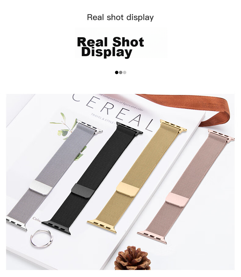 Ремешок BHO Milanese Loop из нержавеющей стали с двойной магнитной застежкой для Apple Watch Series 11/Ultra/SE/3/2, S10/9/8, 44/45/46/49 мм, цвет "Звездный свет"