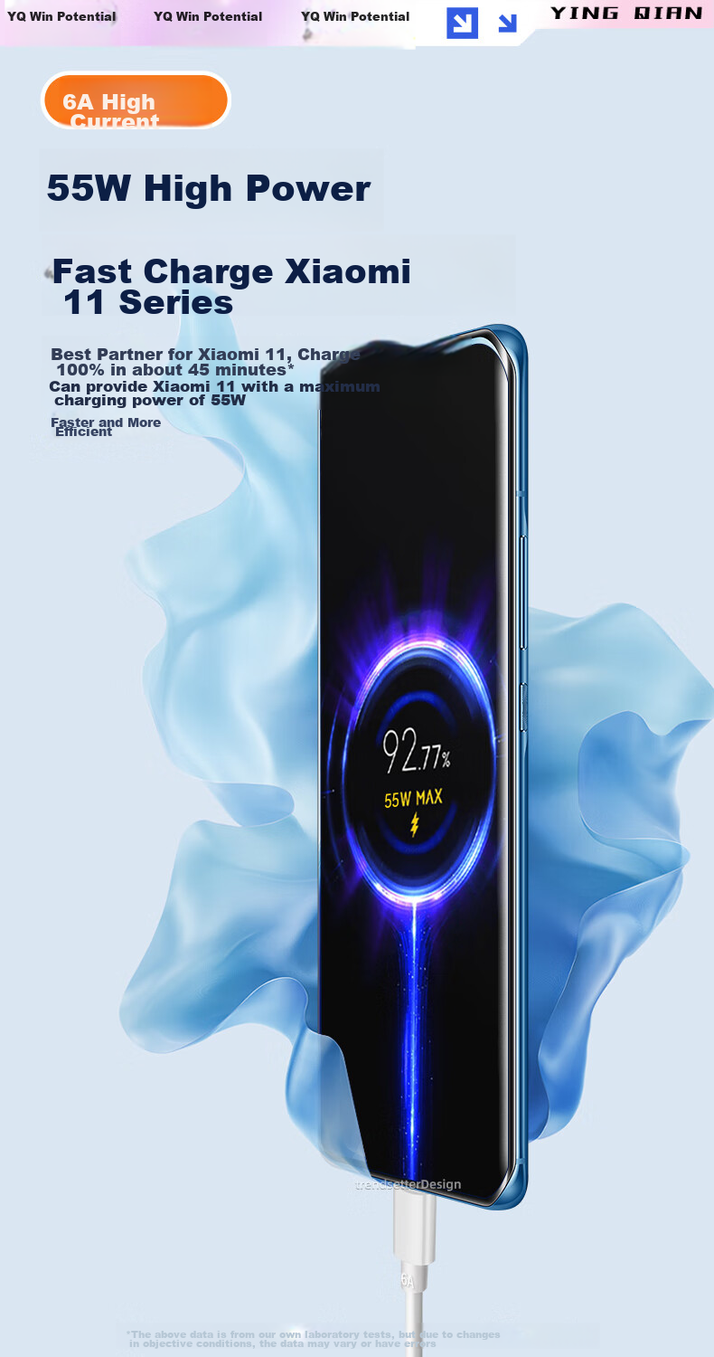 Кабель YINGQIAN Type-C для быстрой зарядки Xiaomi, 6A, 3 метра, черный