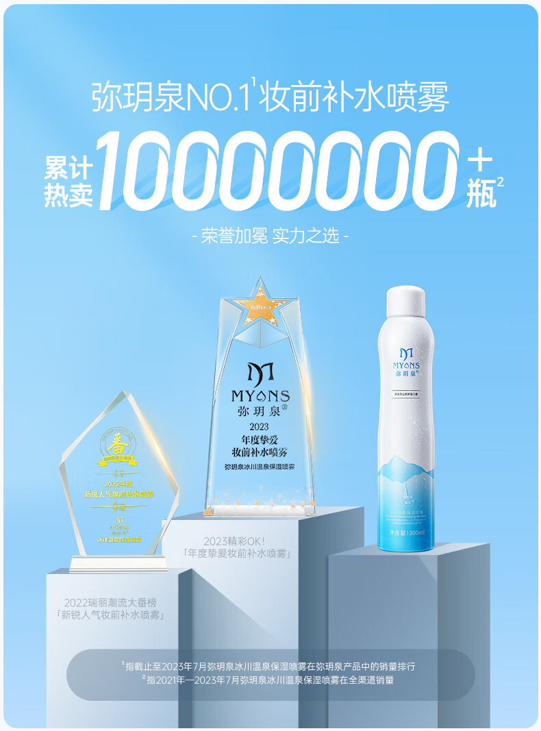 弥玥泉冰川温泉水补水保湿喷雾小分子补水修护爽肤水 敏感肌可用 300ml*2
