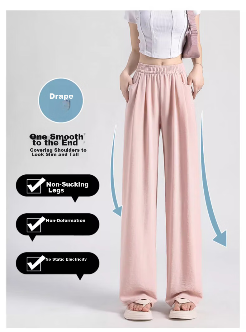 Женские брюки LangSha Ice Silk Wide-Leg Pants, летние, легкие, защищающие от солнца, с высокой талией, драпирующиеся, ленивого стиля, прямые, повседневные женские брюки
