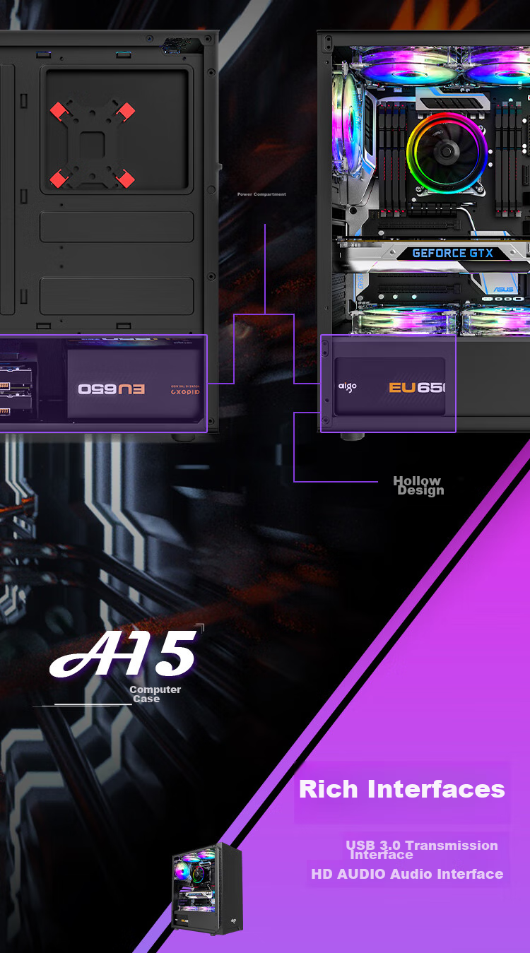 Корпус для настольного компьютера Aigo A15, черный, ATX, mATX, Mini-ITX, с окном