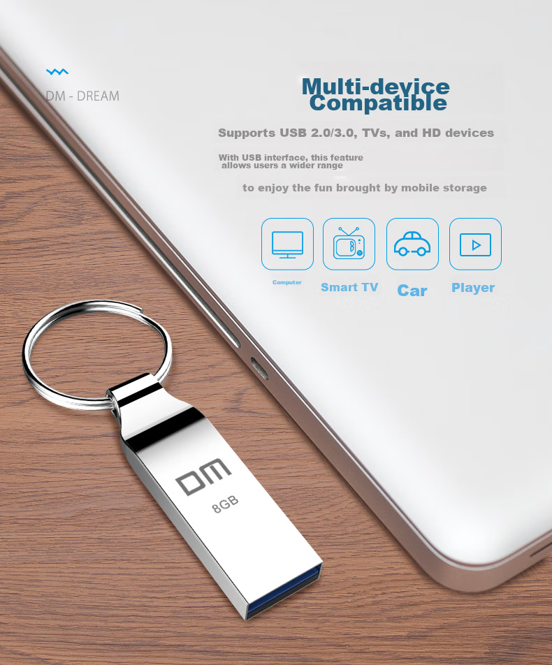 USB-накопитель DM PD076 Xiaofengling, 8 ГБ, USB 2.0, металлический, водонепроницаемый и ударопрочный, серебристый