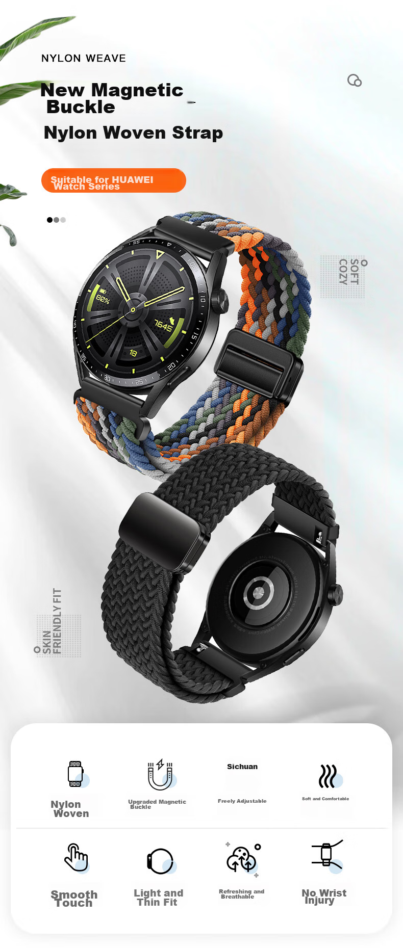 Ремешок для Huawei Watch GT3/GT2 42MM, нейлоновый плетеный ремешок с магнитной застежкой, черный шоколад, 20 мм