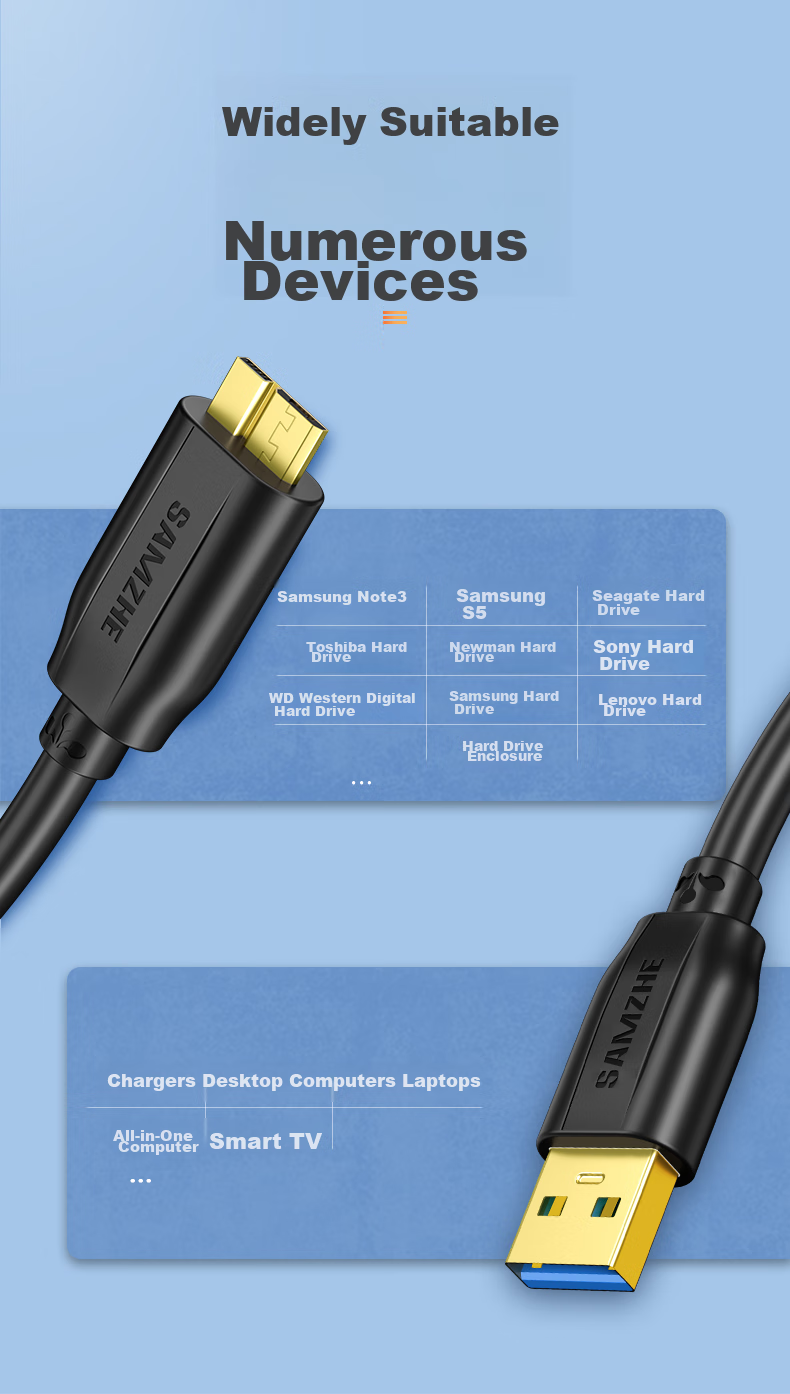 Кабель SAMZHE для внешнего жесткого диска Micro USB 3.0, 0.5 метра, высокоскоростная передача данных, совместим с корпусами жестких дисков Western Digital, Seagate и Toshiba UM-05