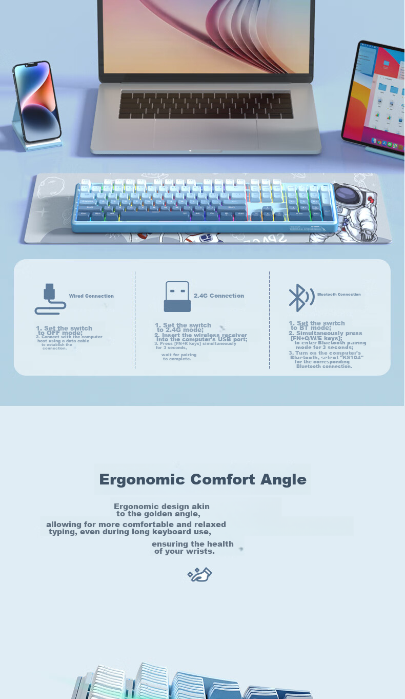 Механическая беспроводная клавиатура REDRAGON KS104, 104 клавиши, Bluetooth, RGB подсветка, красные переключатели, белый с синим