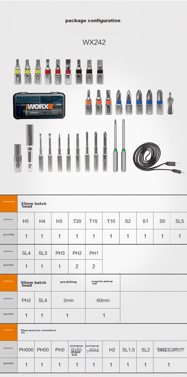 Аккумуляторная отвертка WORX WX242, компактная ручная, литиевая батарея, 30 бит в комплекте