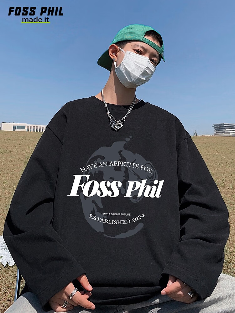 Футболка с длинным рукавом Foss Phil из чистого хлопка для мужчин, трендовая повседневная футболка оверсайз на осень, унисекс, с круглым вырезом, FPCT3, черная, XL
