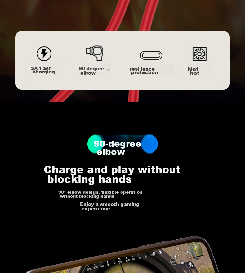 Кабель Trendsetter Type-C to Type-C, 120W/100W, угловой, для быстрой зарядки Red Magic 8/7/7s/6s/pro/5s/5g/3/3s, 1 метр, красный