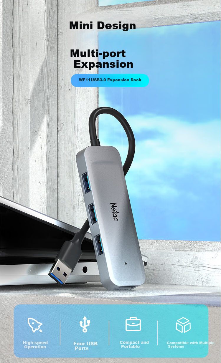 USB 3.0 хаб Netac WF11, 4 порта, алюминиевый корпус, 5 Гбит/с, черный