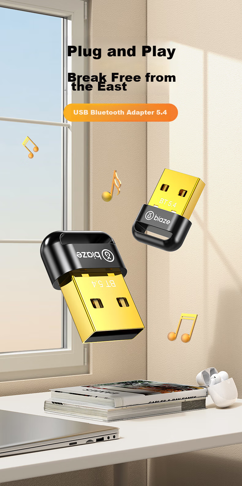 USB Bluetooth адаптер BIAZE 5.4, внешний модуль для ноутбуков и настольных компьютеров, для подключения клавиатуры, мыши, аудиоколонок, беспроводных наушников
