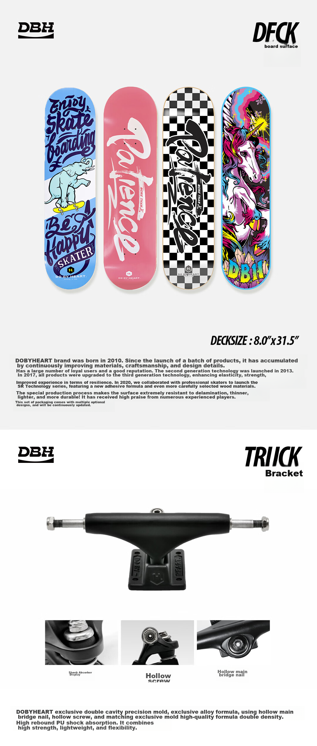 DBH Skateboard Professional Board для начинающих, детей и взрослых 6-12 лет, двойной изгиб, универсальные колеса, лазерная гравировка 8.0 дюйма