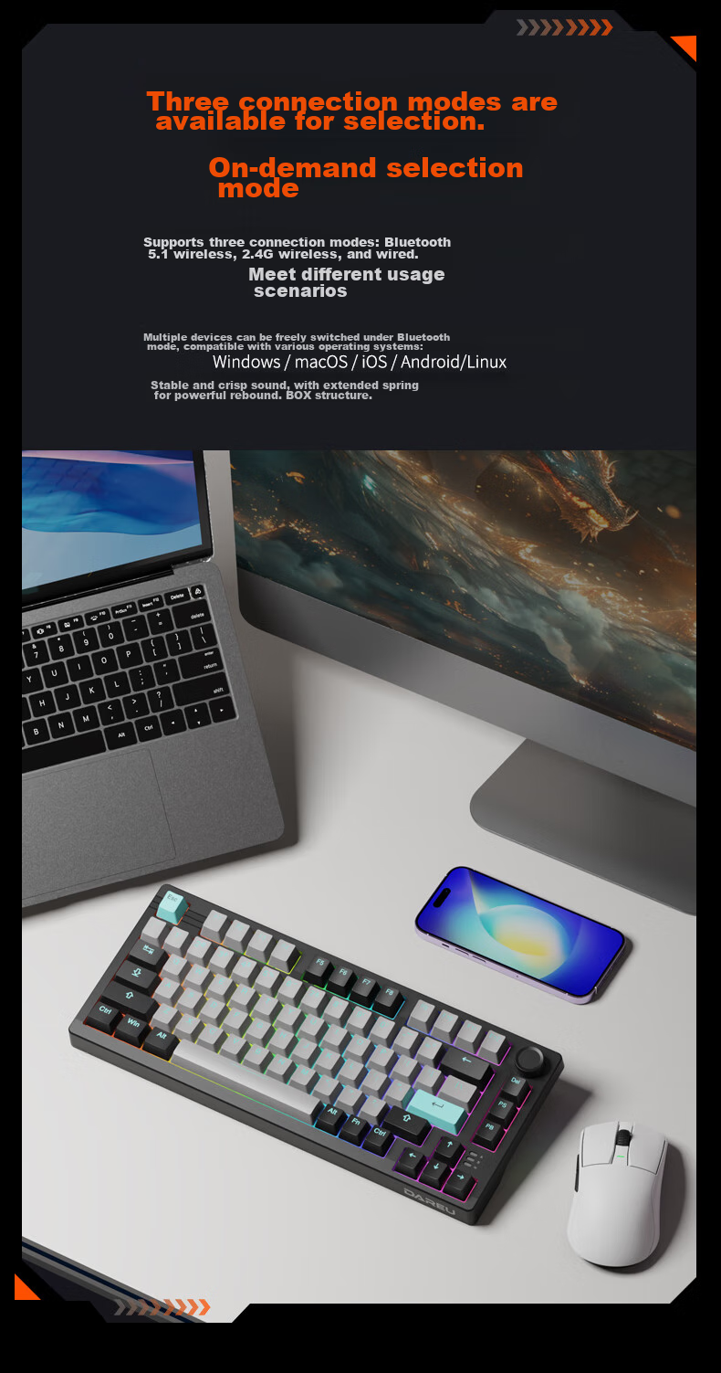 Игровая механическая клавиатура DAREU EK75 Tri-Mode, 75%, 80 клавиш, с колесиком, Bluetooth 5.1, 2.4G, проводная, RGB подсветка, горячая замена, PBT кейкапы, Phantom Edition - Master Switch