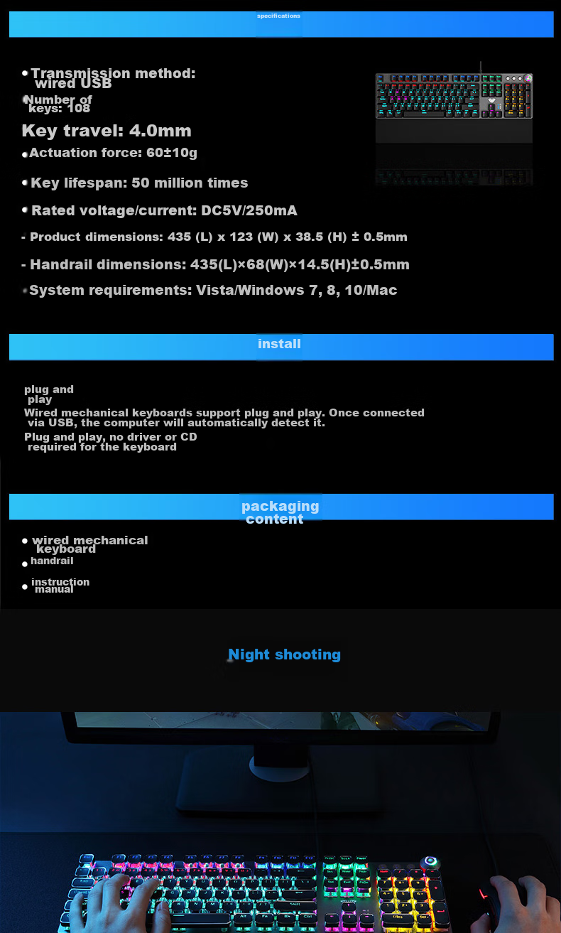 Механическая клавиатура AULA F2088 Wired Gaming Keyboard, 104 клавиши, серебристо-белый цвет, синий переключатель, Elite Edition