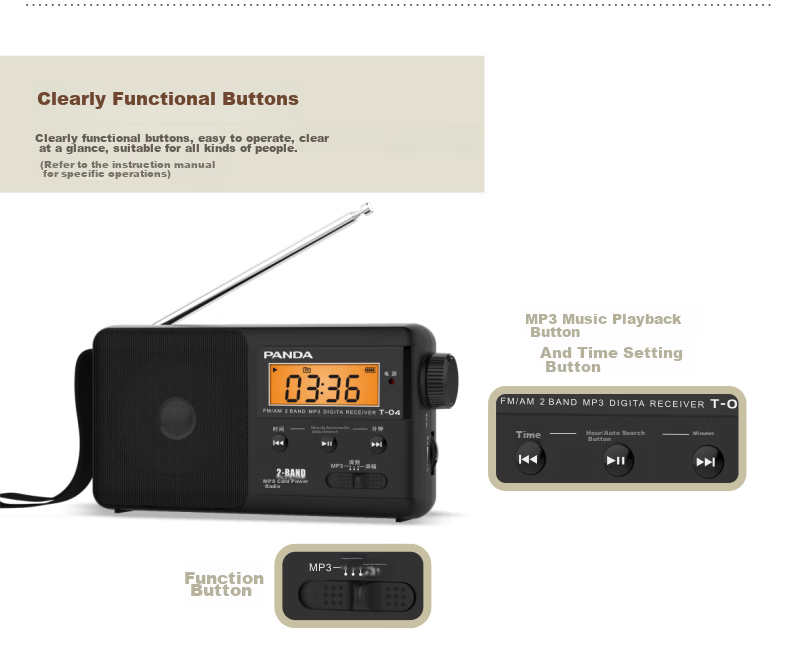 Портативное цифровое радио Panda T-04 с FM/AM, MP3-плеером, слотом для TF-карты и встроенным аккумулятором (черный)