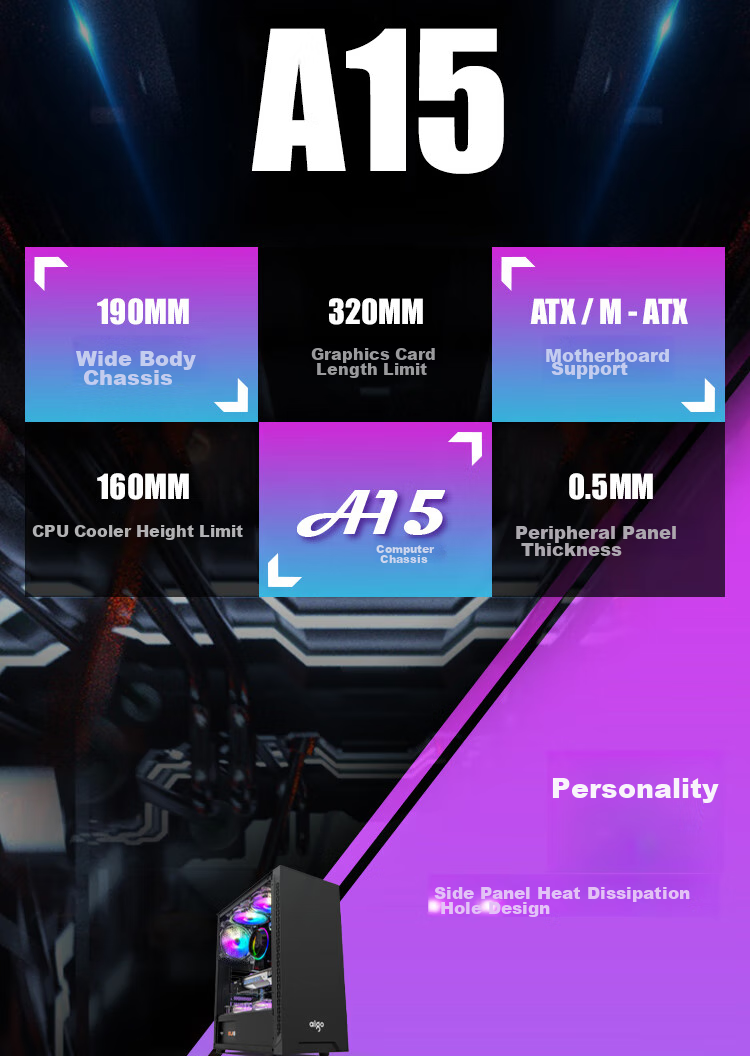 Корпус для настольного компьютера Aigo A15, черный, ATX, mATX, Mini-ITX, с окном