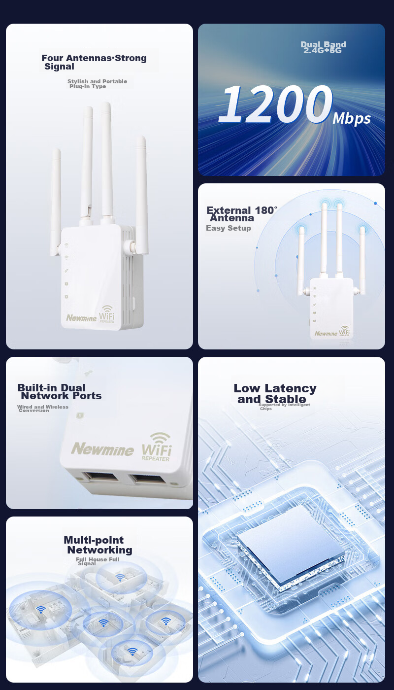 Усилитель Wi-Fi сигнала Newmine AC1200M, двухдиапазонный гигабитный беспроводной маршрутизатор, усилитель сигнала для дома, проникающий через стены, белый