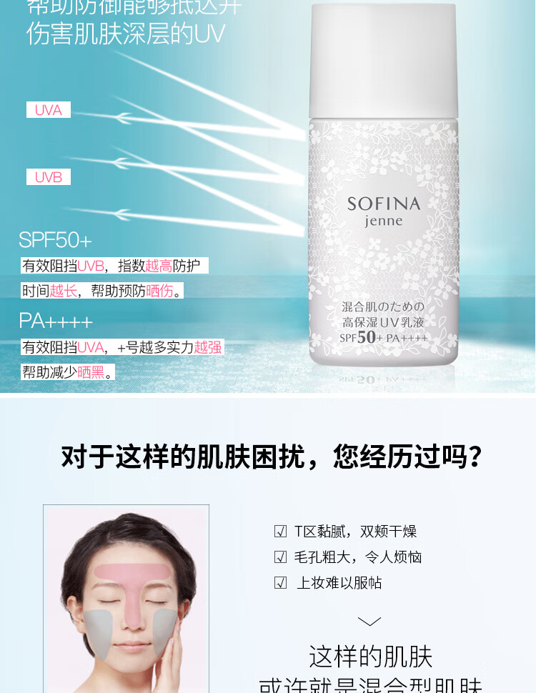苏菲娜（Sofina）白蕾丝日间控油防晒乳30ml SPF50+ 花王护肤情人节生日礼物送女友