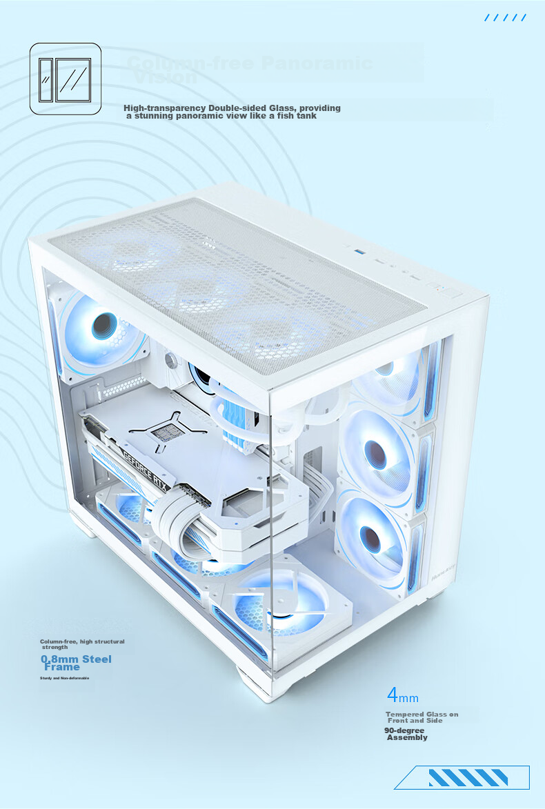 Корпус Huntkey S980 White Panoramic Edition Seaside View, ATX, mATX, Mini-ITX, белый, стекло, 160 мм, 400 мм